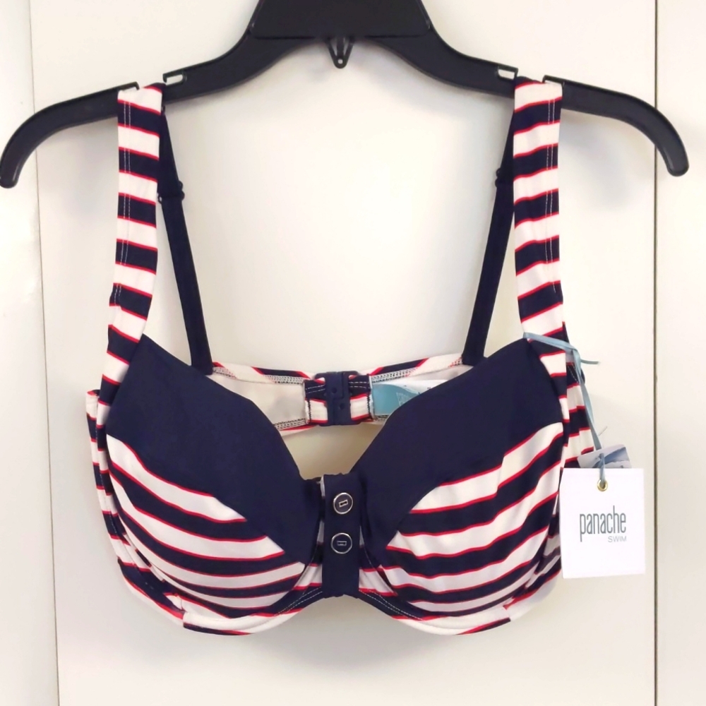 Panache Lucille Underwire Non-Moulded Bikini Top. Navy Stripe. Multiple Sizes.